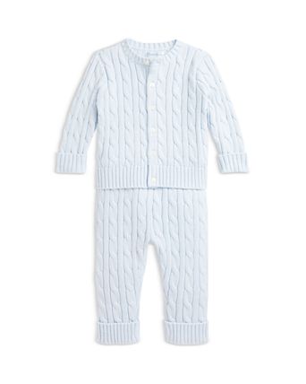 Cable-Knit Cotton Cardigan & Pant Set Pearl Blue